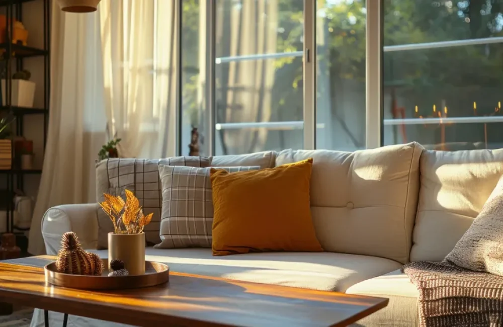 A cozy living room featuring a light-colored sofa with decorative cushions and a coffee table.