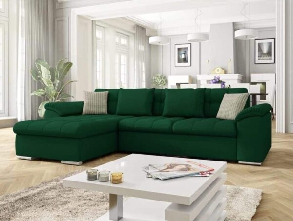 A stylish Dover corner sofa in vibrant green, beautifully arranged in a modern living room setting with natural light and contemporary decor.