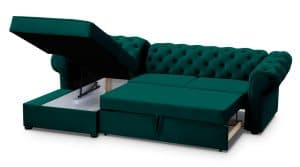 A dark green corner sofa with a lift-up mechanism, revealing hidden storage space.