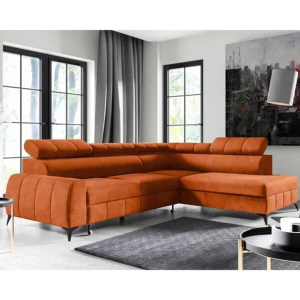 Modern orange corner sofa with plush cushions and sleek design.