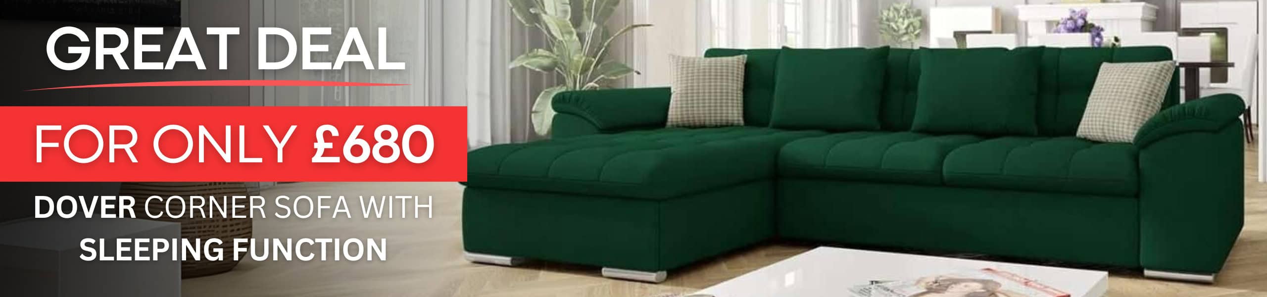 Dover corner sofa in dark green fabric with sleeping function, available for only £680.